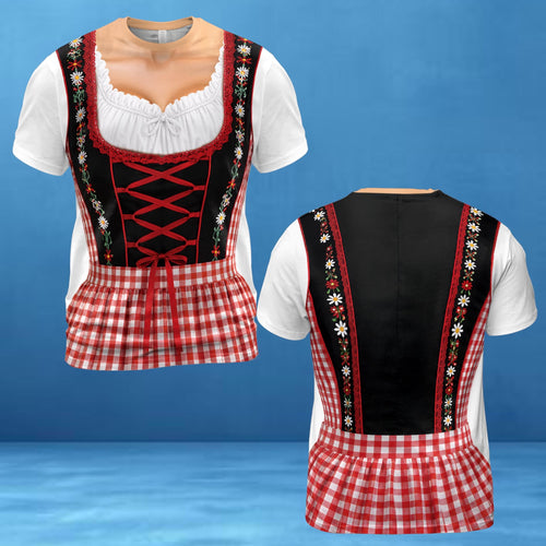 May include: A short-sleeved t-shirt featuring a printed design of a dirndl with a white blouse, black bodice with red lace-up detailing, and a red and white checkered skirt pattern. The design includes floral accents and red lace trim.