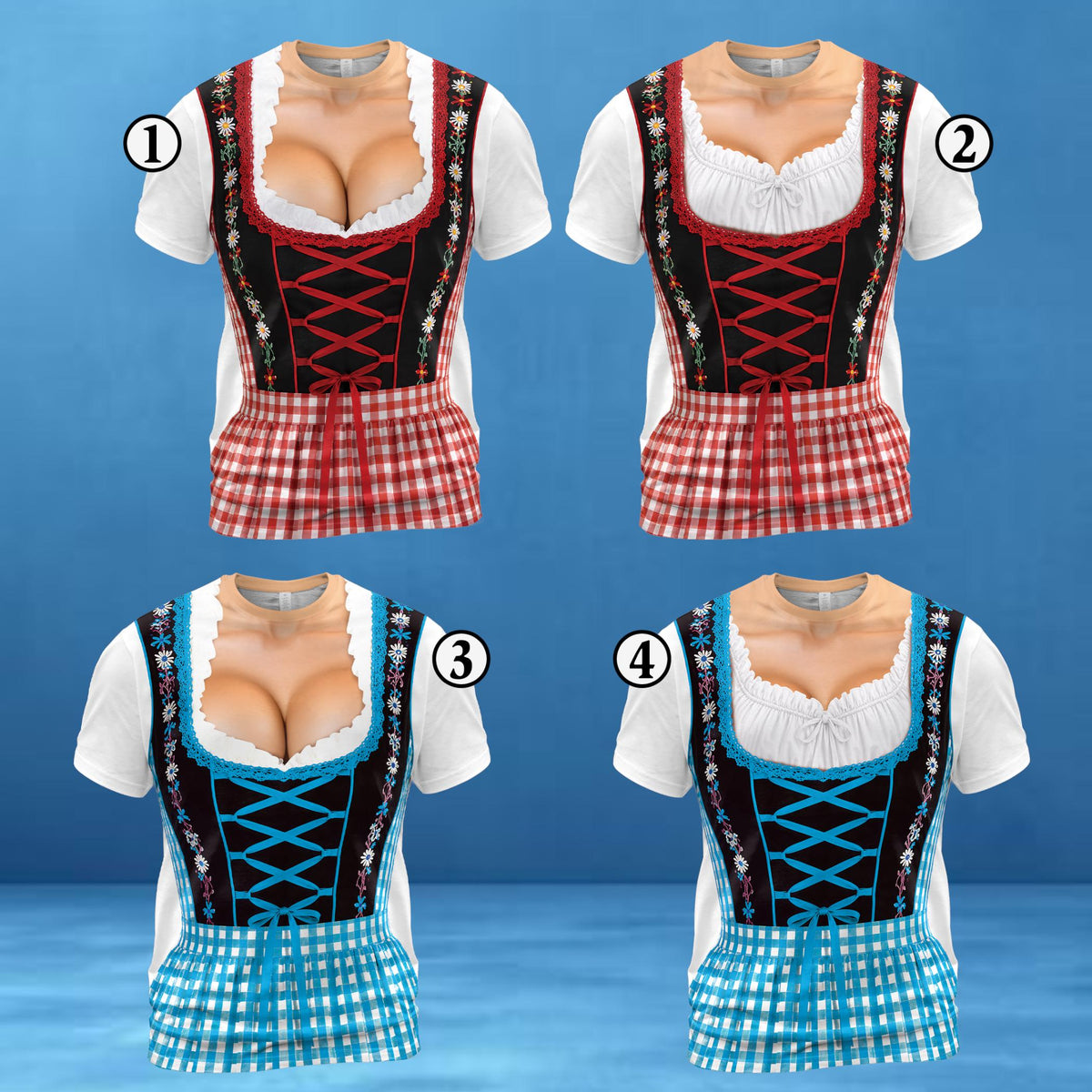 May include: Four short-sleeved t-shirts featuring a printed dirndl design. Two shirts display a red and white checkered skirt pattern with black bodices, while two display a blue and white checkered skirt pattern with black bodices.