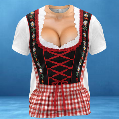 May include: A short-sleeved t-shirt featuring a photorealistic print of a traditional dirndl dress. The design includes a black bodice with red lace-up detailing, white ruffled trim, floral accents, and a red and white checkered skirt pattern.