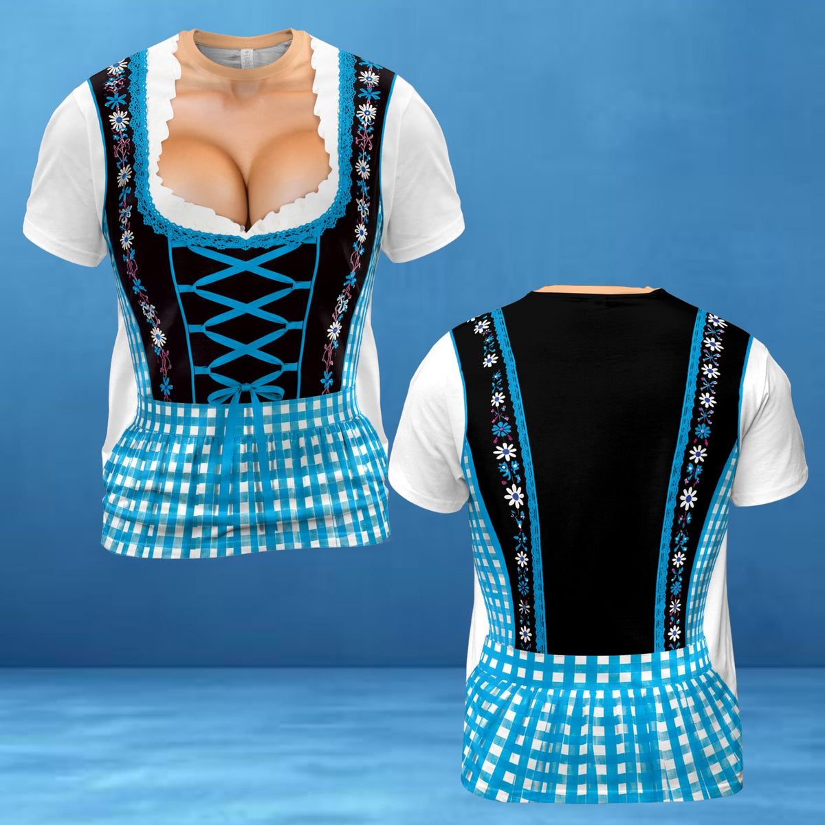 May include: A short-sleeved t-shirt featuring a printed design of a black and blue dirndl with a white gingham skirt pattern, blue lace-up corset detail, and floral accents. The front includes a realistic skin-tone graphic at the neckline.