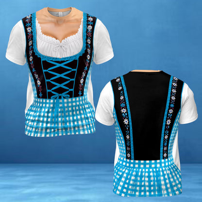 May include: A short-sleeved t-shirt featuring a printed design of a dirndl dress. The front displays a white blouse, a black bodice with blue lace-up detailing, and a blue and white checkered skirt. The back shows a black panel with floral trim.