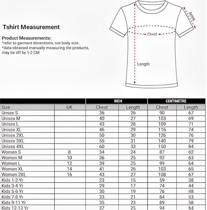 May include: A black and white t-shirt size chart featuring a line drawing of a t-shirt with dashed arrows indicating chest, length, and arm measurements. A table below lists garment dimensions in inches and centimeters for unisex, women, and kids.
