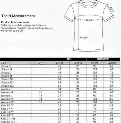 May include: A black and white t-shirt size chart featuring a line drawing of a t-shirt with dashed arrows indicating chest, length, and arm measurements. A table below lists garment dimensions in inches and centimeters for unisex, women, and kids.