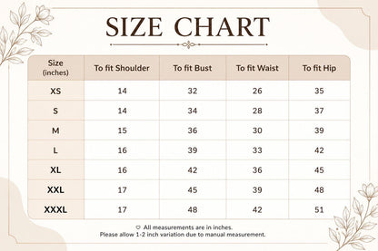 May include: A beige and brown size chart table with the heading SIZE CHART. It lists sizes from XS to XXXL with corresponding measurements in inches for shoulder, bust, waist, and hip. The text includes All measurements are in inches.