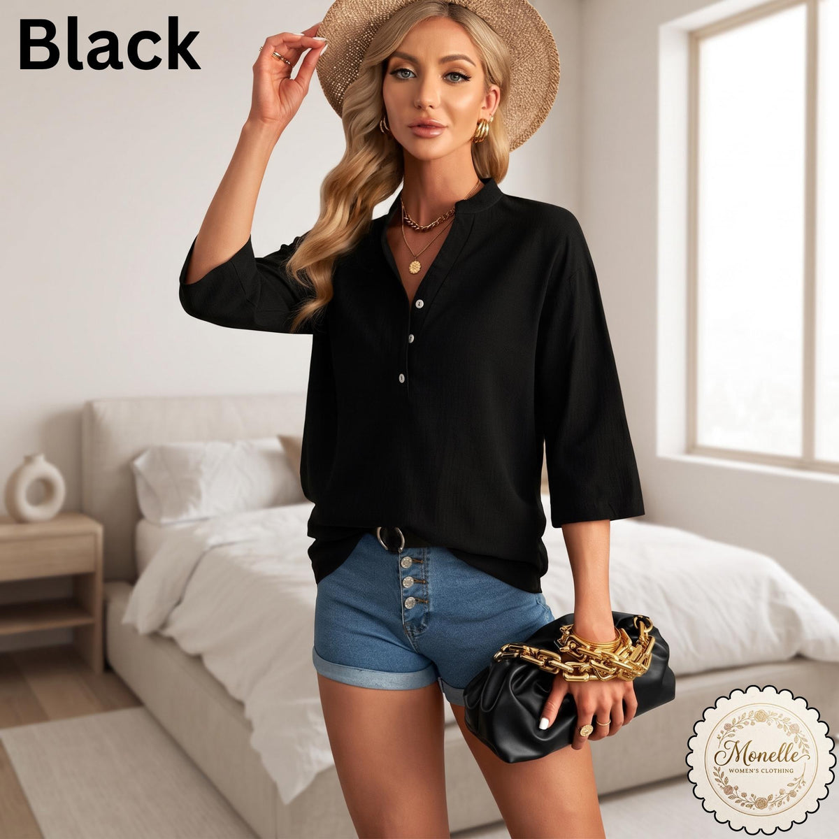 May include: A black long-sleeve shirt with a V-neckline and a partial button-down front, paired with blue denim shorts featuring a button-fly closure. The shirt has a relaxed fit and three-quarter length sleeves, while the shorts are fitted.