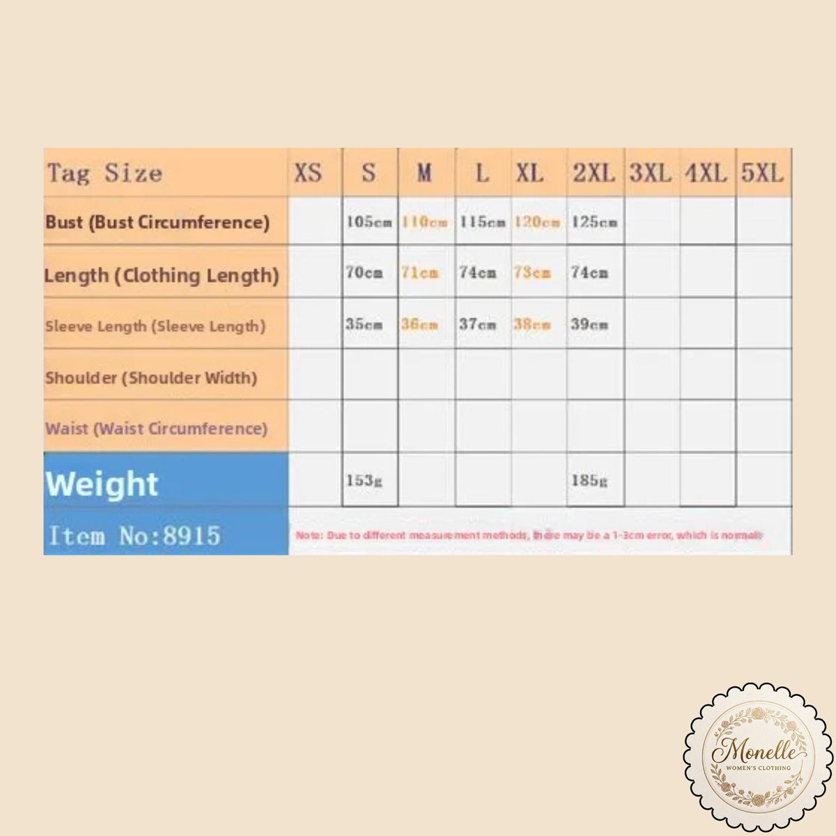 May include: A size chart table with columns for XS through 5XL and rows for Bust, Length, Sleeve Length, Shoulder, Waist, and Weight. The table includes specific measurements in cm and grams, item number 8915, and a note about measurement errors.