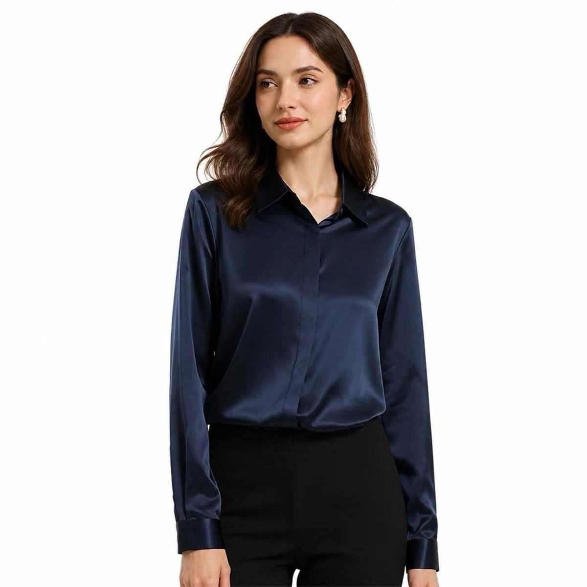 May include: A long-sleeved navy blue button-down shirt with a smooth, satin-like finish, a classic collar, and a concealed front placket. The shirt features a structured fit with buttoned cuffs, providing a clean and polished appearance.