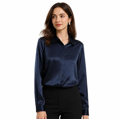 May include: A long-sleeved navy blue button-down shirt with a smooth, satin-like finish, a classic collar, and a concealed front placket. The shirt features a structured fit with buttoned cuffs, providing a clean and polished appearance.