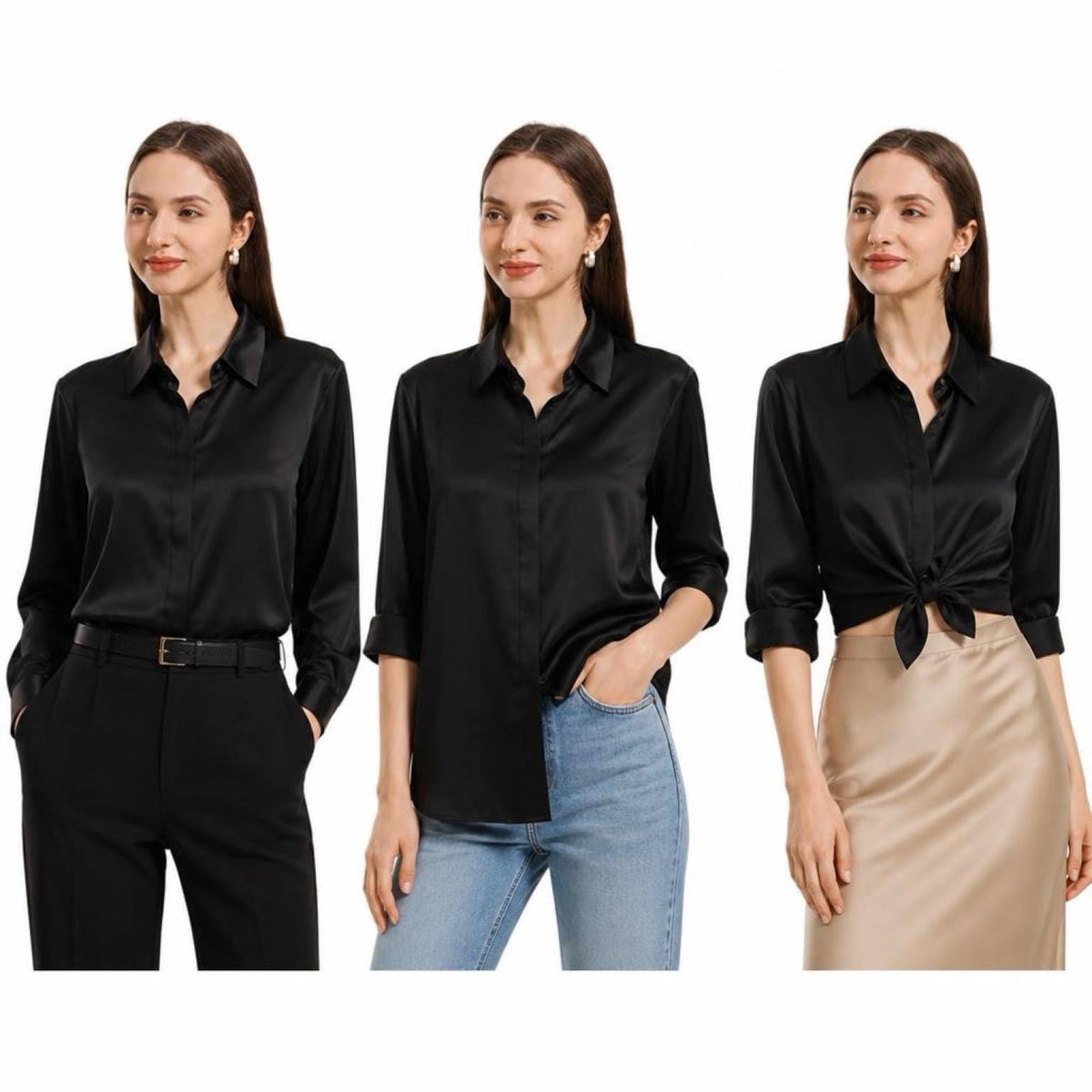 May include: A black long-sleeve button-down shirt with a satin finish, shown in three different styling variations: tucked into black trousers, worn untucked with blue jeans, and tied at the waist with a champagne-colored satin midi skirt.