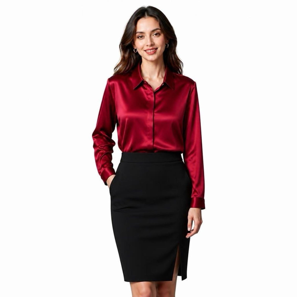 May include: A long-sleeved, button-down shirt in a deep, lustrous burgundy satin fabric paired with a solid black, knee-length pencil skirt. The shirt features a classic collar and buttoned cuffs, while the skirt includes a side slit detail.