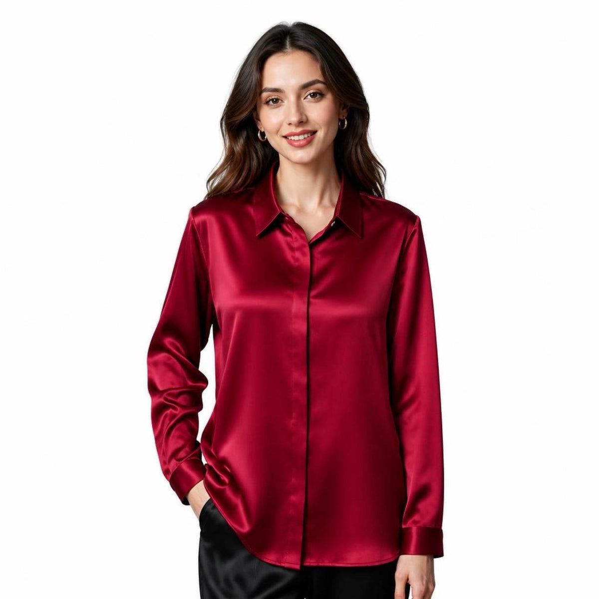 May include: A long-sleeved button-down shirt in a deep red satin fabric with a smooth, reflective finish. The shirt features a classic collar, a front button placket, and cuffed sleeves, providing a structured yet fluid appearance in a solid color.