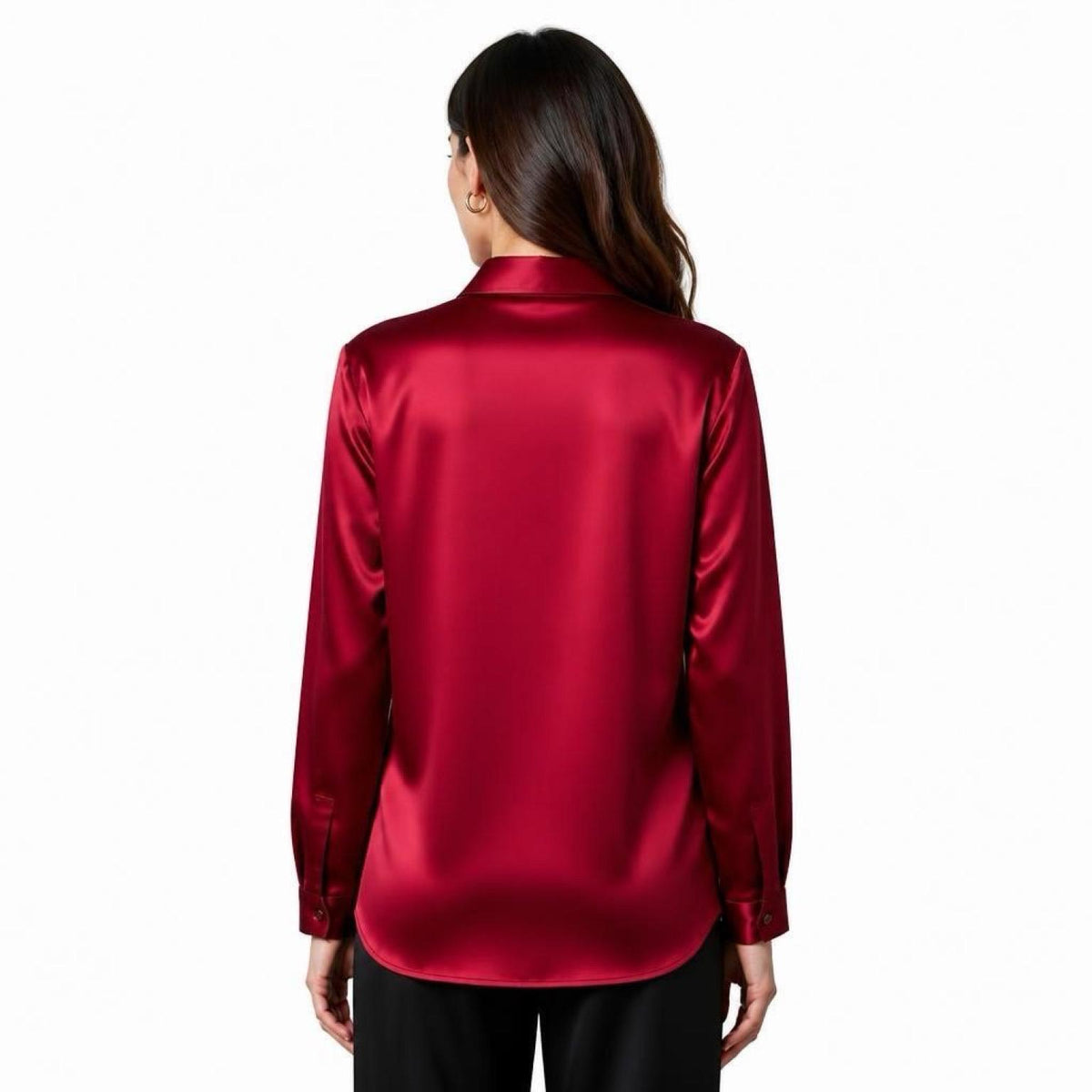 May include: A long-sleeved button-down shirt in a deep, lustrous burgundy red satin fabric. The shirt features a classic collar, a straight back yoke, and long sleeves with buttoned cuffs. The garment has a smooth, reflective finish throughout.