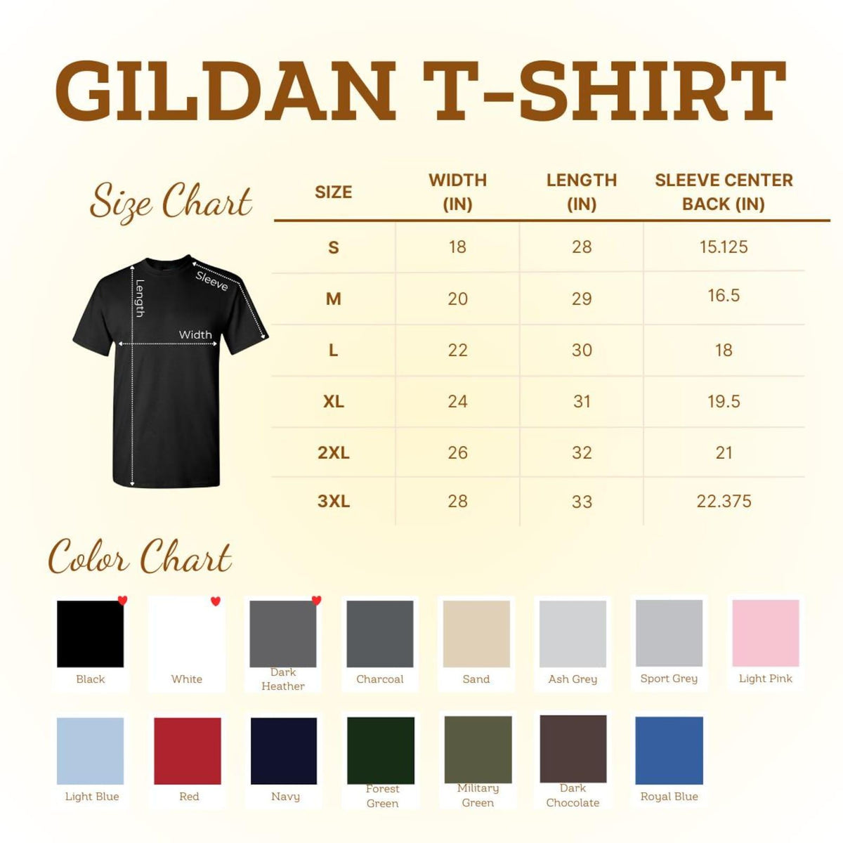 May include: A Gildan T-shirt size and color chart featuring a black t-shirt illustration with width, length, and sleeve center back measurements in inches for sizes S through 3XL, alongside a grid of sixteen color swatches with labels.