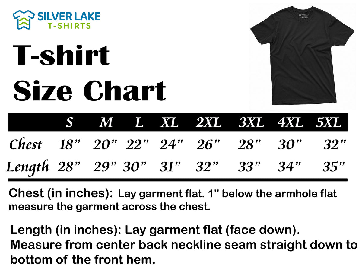 May include: A black t-shirt displayed alongside a size chart titled Silver Lake T-Shirts T-shirt Size Chart. The chart lists chest and length measurements in inches for sizes S through 5XL, with instructions on how to measure the garment flat.
