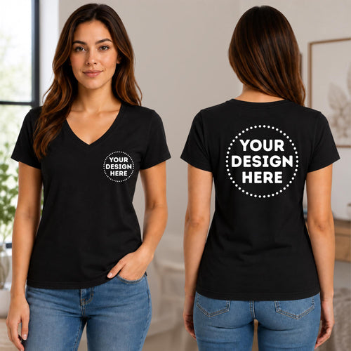 Custom ladies V neck cotton t shirt showing front and back logo printing for business branding