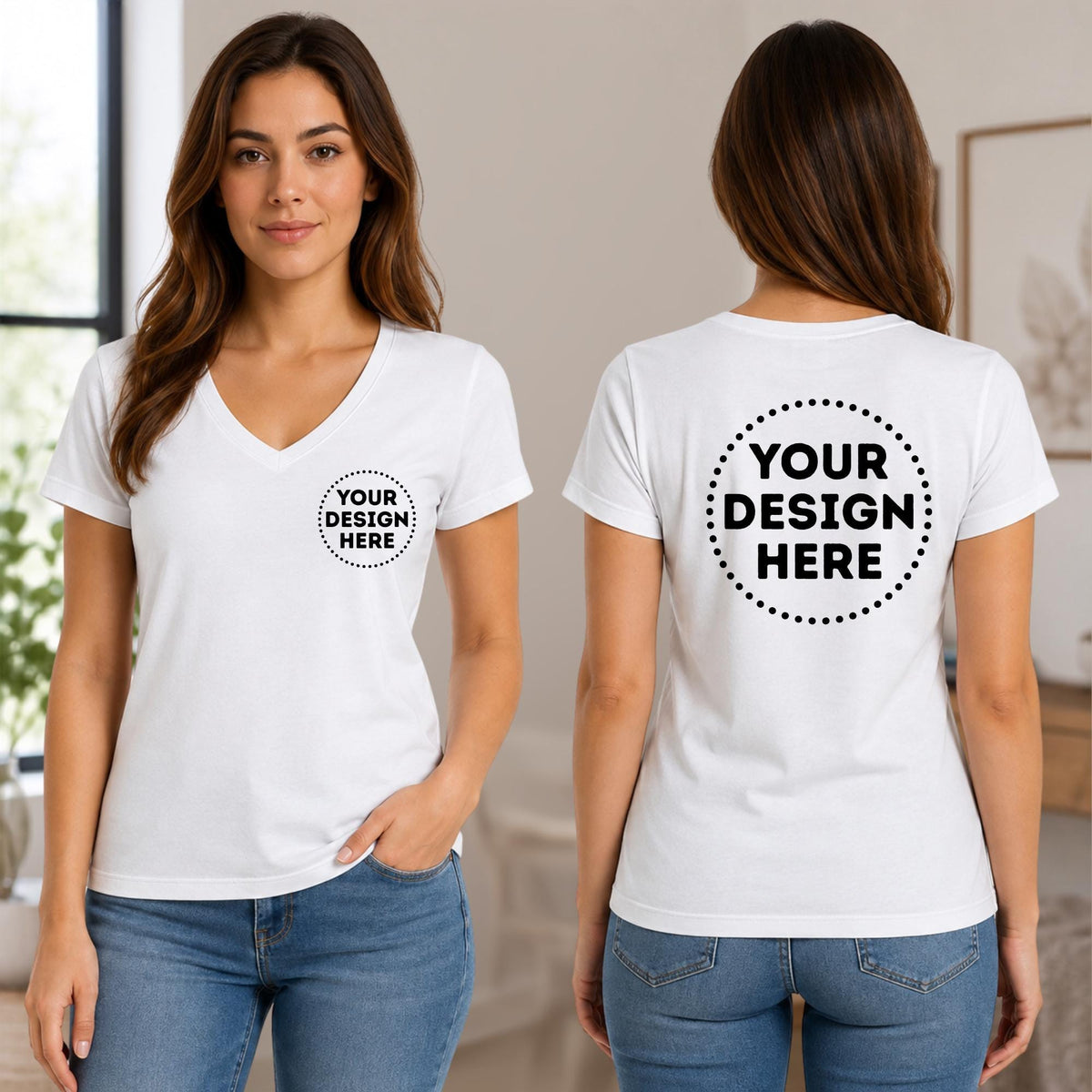 Custom business logo V neck shirt for women with personalised front and back printing