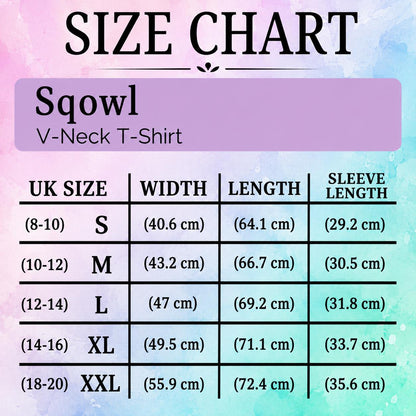 May include: A size chart for a Sqowl V-Neck T-Shirt featuring a watercolor background. The table lists UK sizes from S to XXL with corresponding width, length, and sleeve length measurements in centimeters, ranging from 40.6 cm to 72.4 cm.