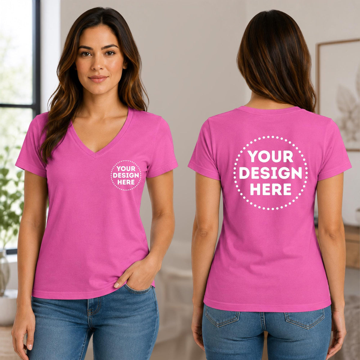 Personalised women's V neck tee with custom logo for company teams staff events and workwear