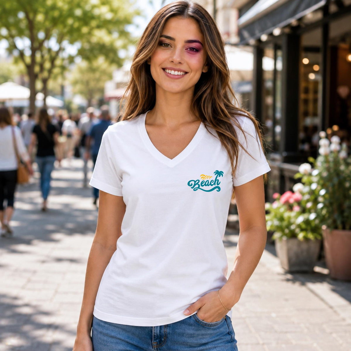 May include: A white short-sleeved t-shirt with a V-neckline featuring a small graphic on the left chest area. The graphic consists of the word Beach in a teal cursive script font, accompanied by a small yellow sun and a teal palm tree icon.