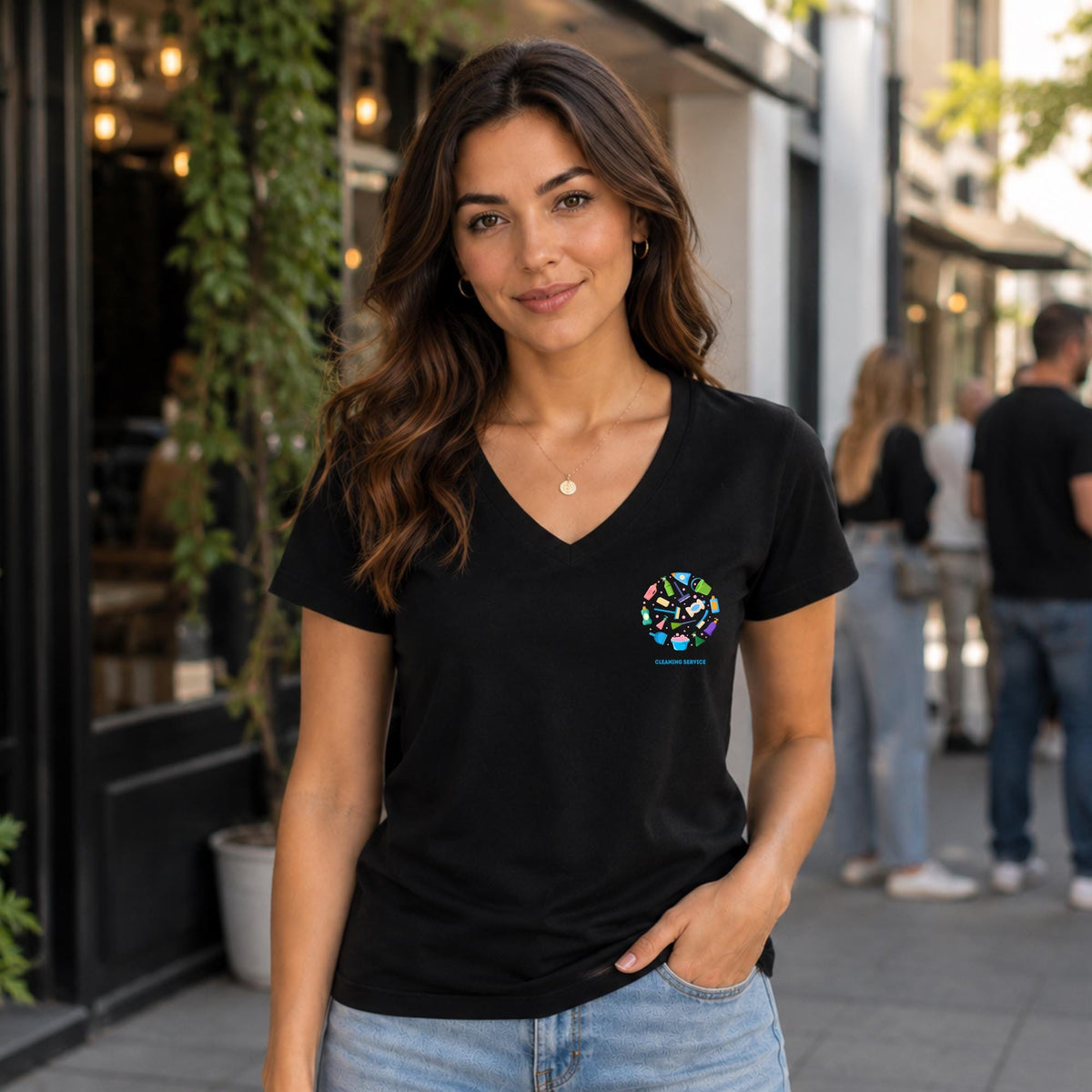 May include: A black V-neck t-shirt featuring a small circular graphic on the left chest. The graphic contains various colorful cleaning supply icons, including bottles, brushes, and sponges, with the text CLEANING SQUAD printed below it.