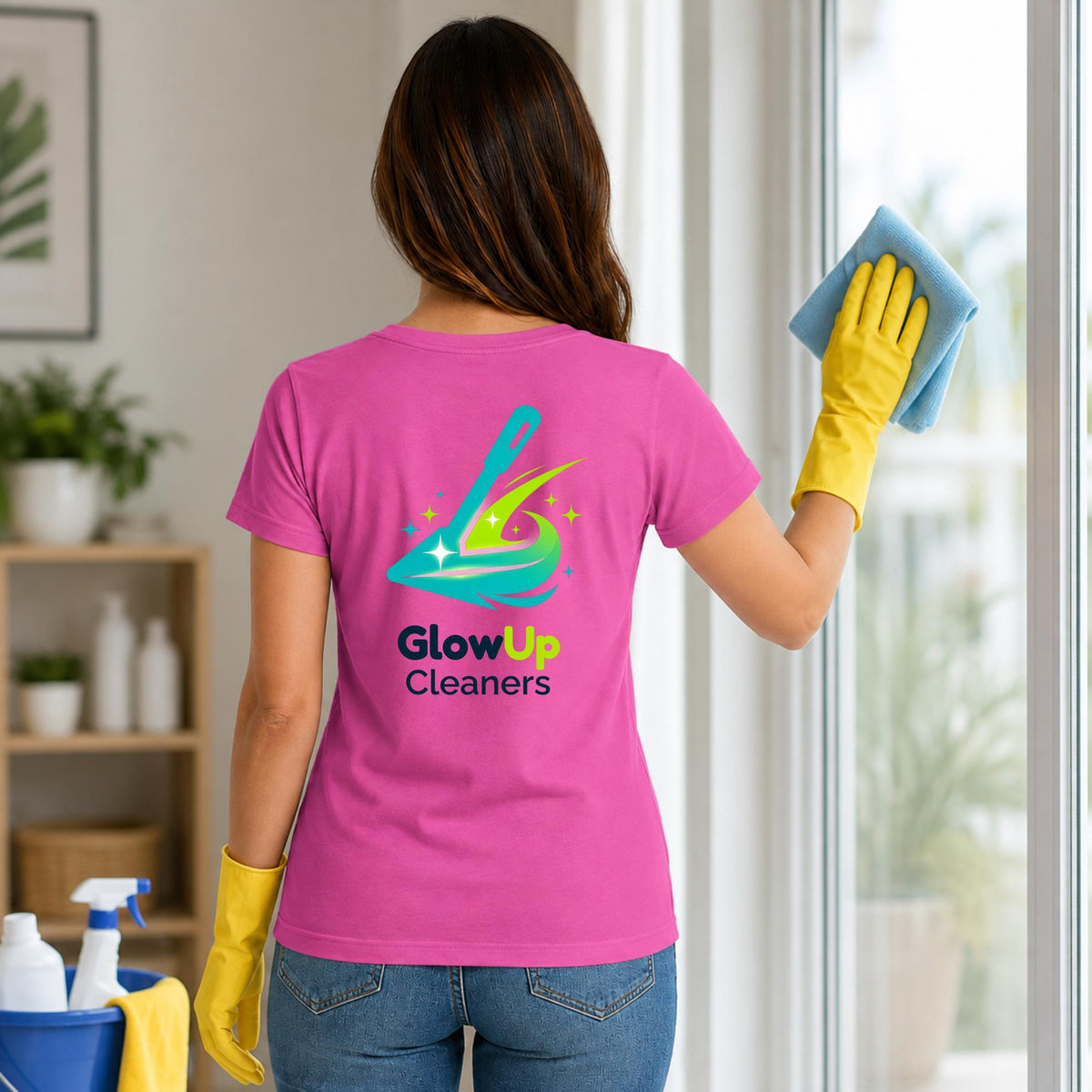 May include: A bright pink short-sleeved t-shirt featuring a graphic on the back with the text GlowUp Cleaners, a stylized teal and lime green cleaning tool icon, and small star accents. The shirt is worn with blue jeans and yellow rubber gloves.