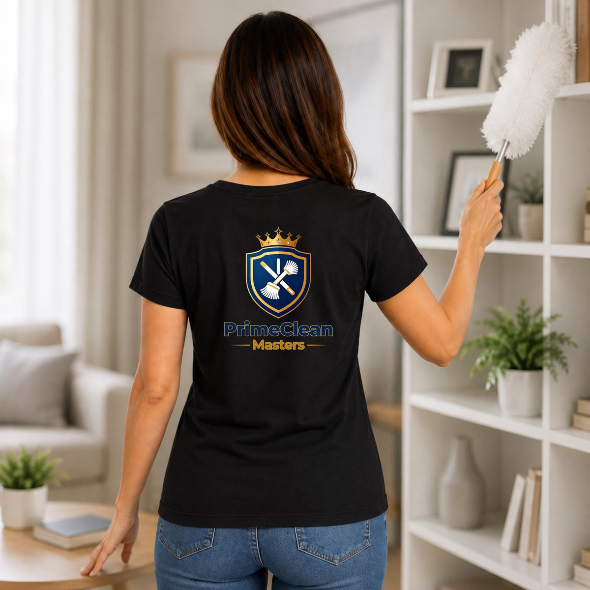 May include: A black short-sleeved t-shirt featuring a gold and blue shield logo on the back. The logo displays a crown above crossed cleaning brushes and the text PrimeClean Masters. The shirt is paired with blue denim jeans.