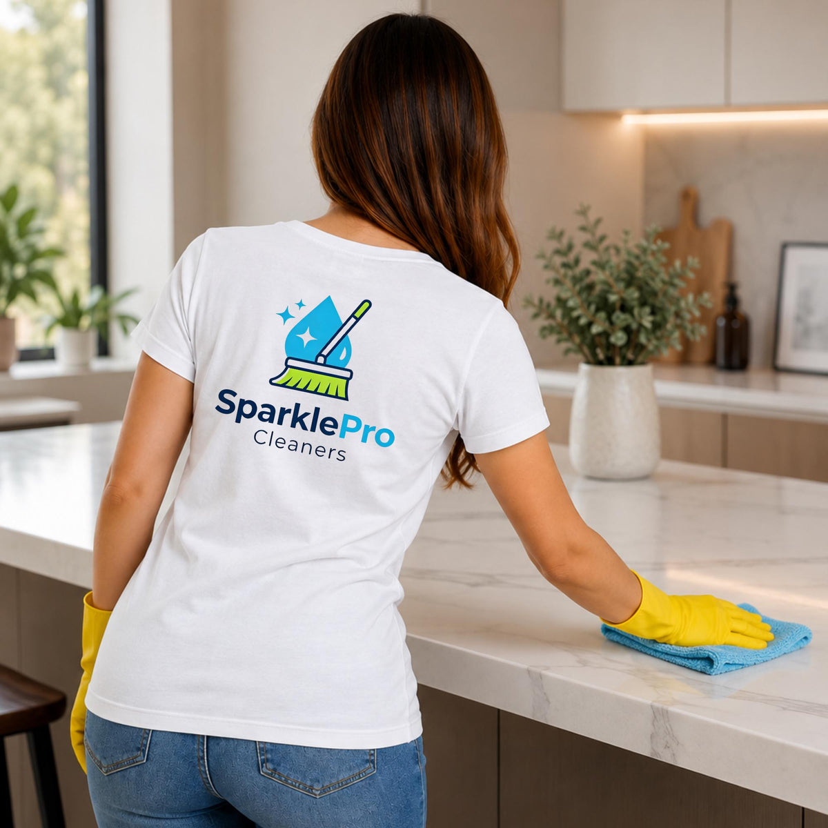 May include: A white short-sleeved t-shirt featuring a blue and green logo on the back that depicts a water droplet and a broom with the text SparklePro Cleaners. The shirt is worn with blue denim jeans and bright yellow rubber cleaning gloves.
