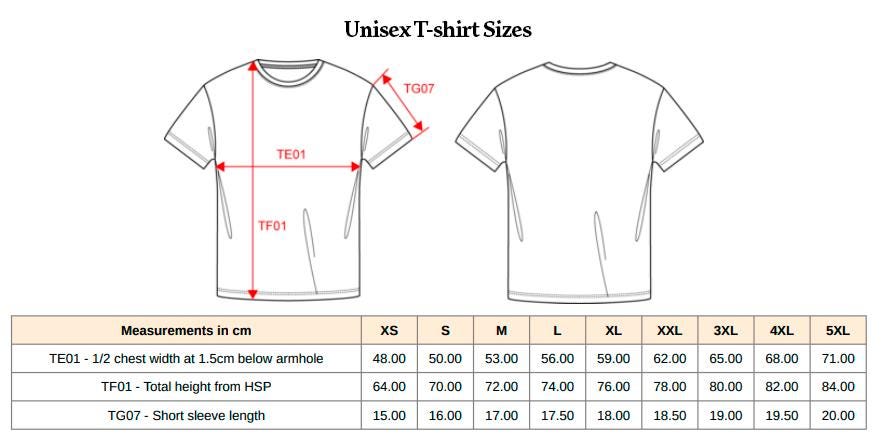 May include: A black and white line drawing of a t-shirt showing front and back views with red measurement arrows labeled TE01, TF01, and TG07. A table below lists sizes XS through 5XL with measurements in cm for chest width, height, and sleeve length.