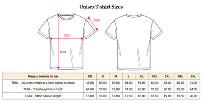 May include: A black and white line drawing of a t-shirt showing front and back views with red measurement arrows labeled TE01, TF01, and TG07. A table below lists sizes XS through 5XL with measurements in cm for chest width, height, and sleeve length.