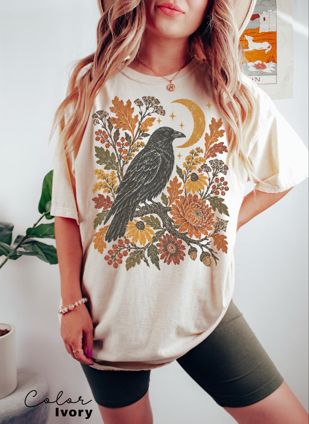 Celestial Crow Fall T-Shirt, Autumn Floral Graphic Tee, Witchy Fall Nature Shirt, Vintage Botanical Tee
