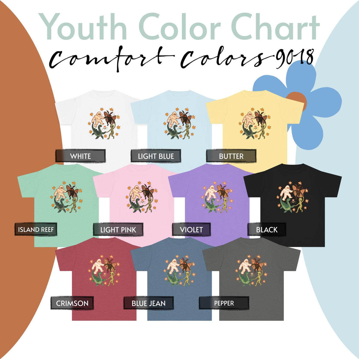 May include: A Youth Color Chart for Comfort Colors 9018 t-shirts displaying ten shirts in white, light blue, butter, island reef, light pink, violet, black, crimson, blue jean, and pepper. Each shirt features a graphic of a yeti, moth, and alien.