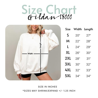 May include: A white Gildan 18000 sweatshirt size chart displaying width and length measurements in inches for sizes S through 5XL. The chart lists widths from 20 to 34 inches and lengths from 27 to 34 inches, noting a potential variance of 1.25 inches.