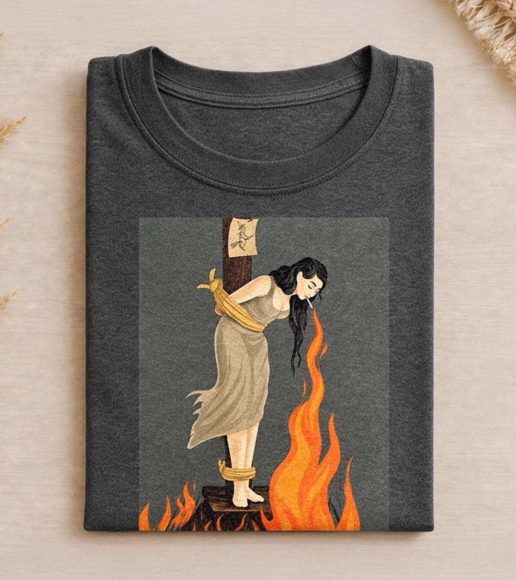 May include: A dark charcoal gray t-shirt featuring a graphic illustration of a person with long black hair tied to a wooden post with yellow ropes. The person is smoking, and orange flames rise from the base. A small sign with a witch icon is attached.