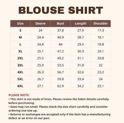 May include: A size chart for a blouse shirt with dark brown text on a light cream background. The table lists sizes from S to 6XL with corresponding measurements for sleeve, bust, length, and shoulder. Includes a note about fabric and sizing.