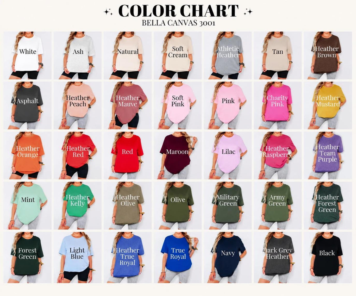 May include: A Bella Canvas 3001 color chart displaying thirty-five t-shirts in various solid and heathered colors. Each shirt is labeled with its specific color name, including white, ash, natural, soft cream, athletic heather, tan, brown, asphalt, peach, mauve, pink, mustard, orange, red, maroon, lilac, purple, mint, kelly, olive, forest green, light blue, royal, navy, and black.