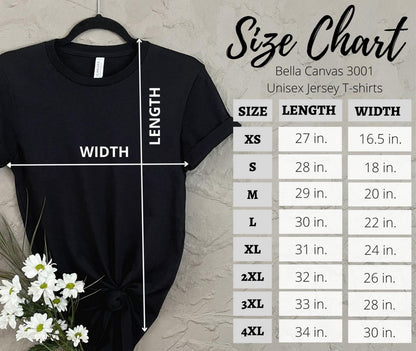 May include: A black crew neck t-shirt displayed with a size chart for Bella Canvas 3001 unisex jersey t-shirts. The chart lists sizes XS through 4XL with corresponding length and width measurements in inches, ranging from 27 to 34 inches in length.