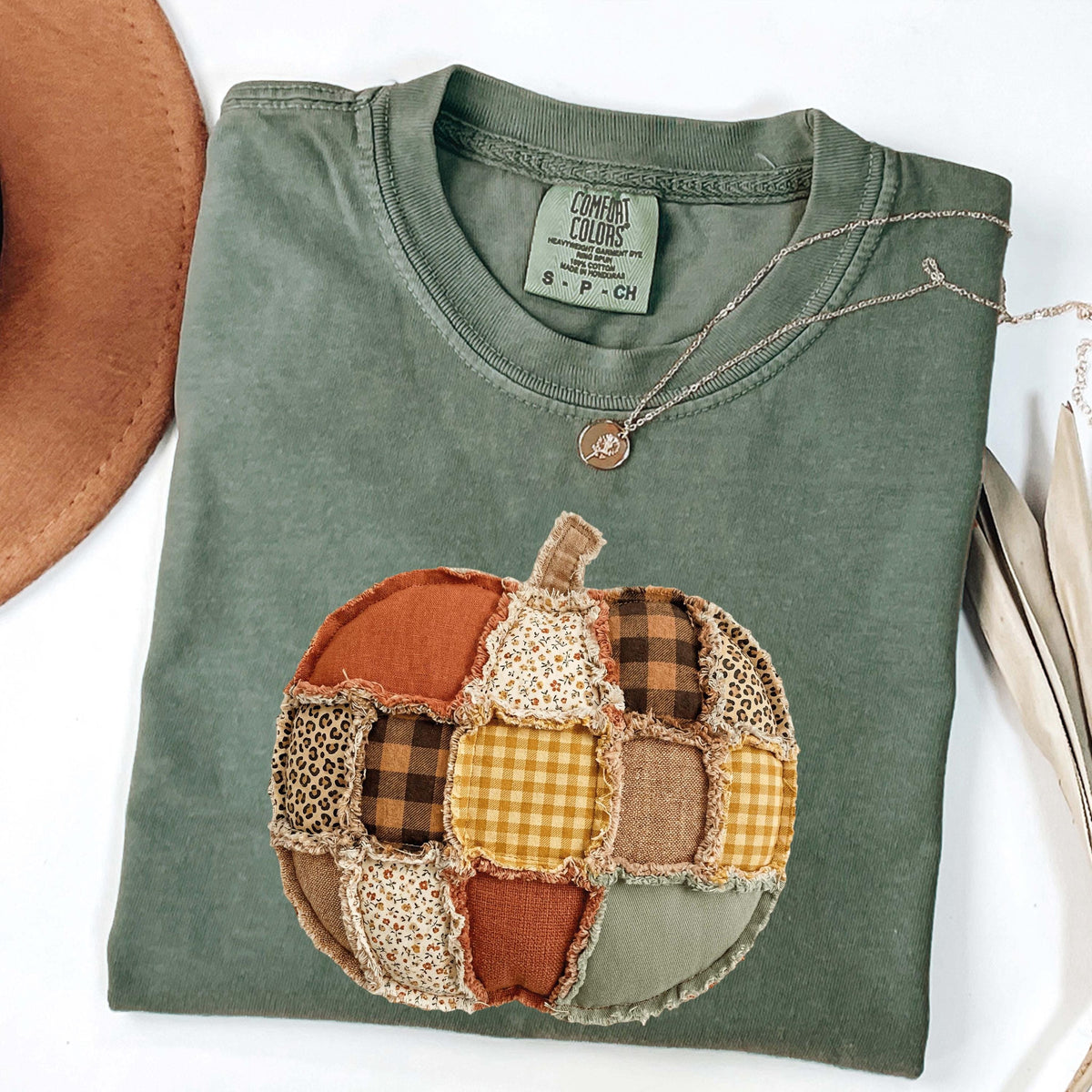 Comfort Colors® Faux Patchwork Pumpkin T-Shirt, Faux Embroidered Pumpkin Shirt, Vintage Cottagecore Coquette Pumpkin Pumpkin Patch Shirt