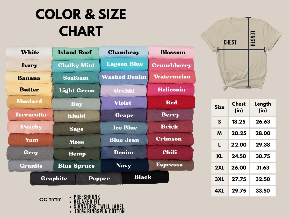 May include: A color and size chart for a t-shirt featuring a grid of folded fabric swatches in various colors labeled with names like White, Island Reef, and Black. Includes a diagram showing chest and length measurements in inches for sizes S to 4XL.