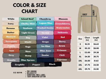 May include: A color and size chart for a long-sleeve shirt, model CC 6014. It displays a grid of folded fabric swatches in various colors with labels, alongside a diagram showing chest and length measurements in inches for sizes S through 4XL.