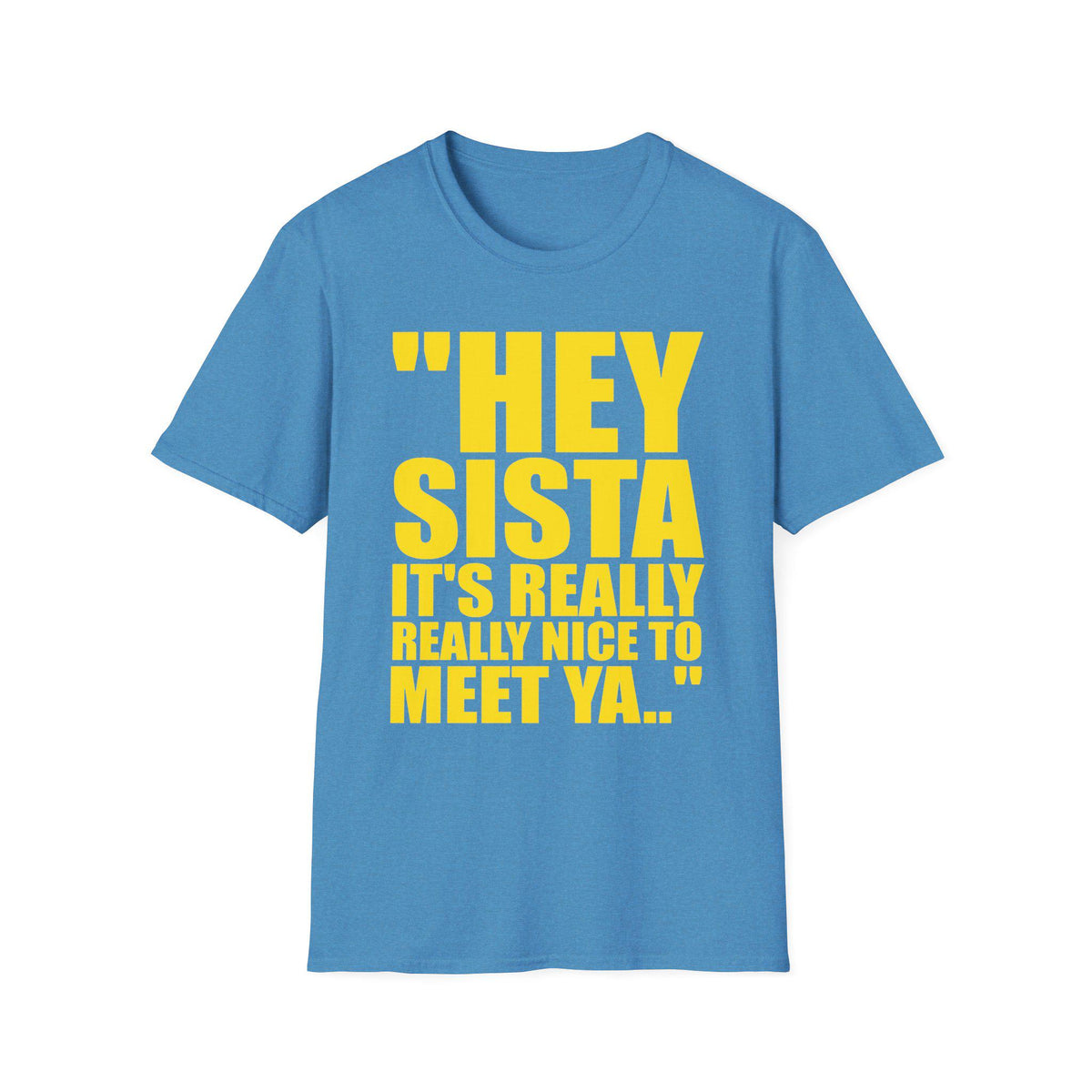 May include: A light blue short-sleeved t-shirt featuring bold yellow text on the front that reads "HEY SISTA IT'S REALLY REALLY NICE TO MEET YA.." in a clean, sans-serif font. The garment has a classic crew neckline and a straight hem.