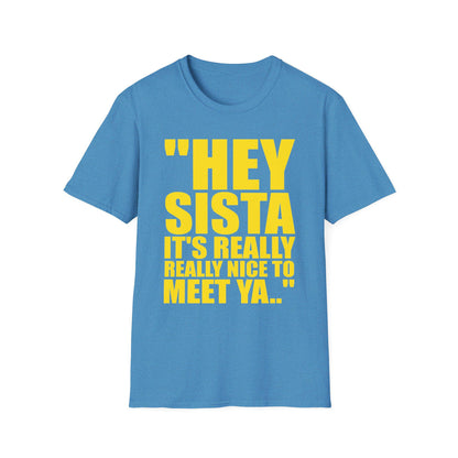 May include: A light blue short-sleeved t-shirt featuring bold yellow text on the front that reads "HEY SISTA IT'S REALLY REALLY NICE TO MEET YA.." in a clean, sans-serif font. The garment has a classic crew neckline and a straight hem.
