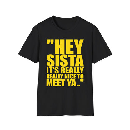 May include: A black short-sleeved t-shirt featuring bold yellow text on the front that reads "HEY SISTA IT'S REALLY REALLY NICE TO MEET YA..". The garment has a crew neckline and a standard fit, showcasing a high-contrast graphic design.