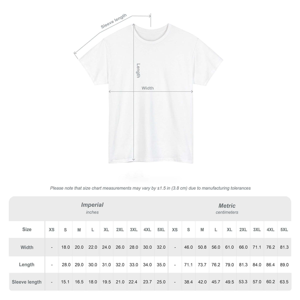 May include: A white t-shirt diagram showing measurement lines for length, width, and sleeve length. Below the shirt is a size chart table with columns for XS through 5XL, providing measurements in both inches and centimeters for each size.