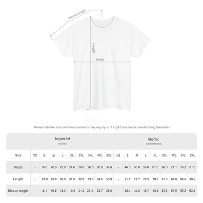 May include: A white t-shirt diagram showing measurement lines for length, width, and sleeve length. Below the shirt is a size chart table with columns for XS through 5XL, providing measurements in both inches and centimeters for each size.