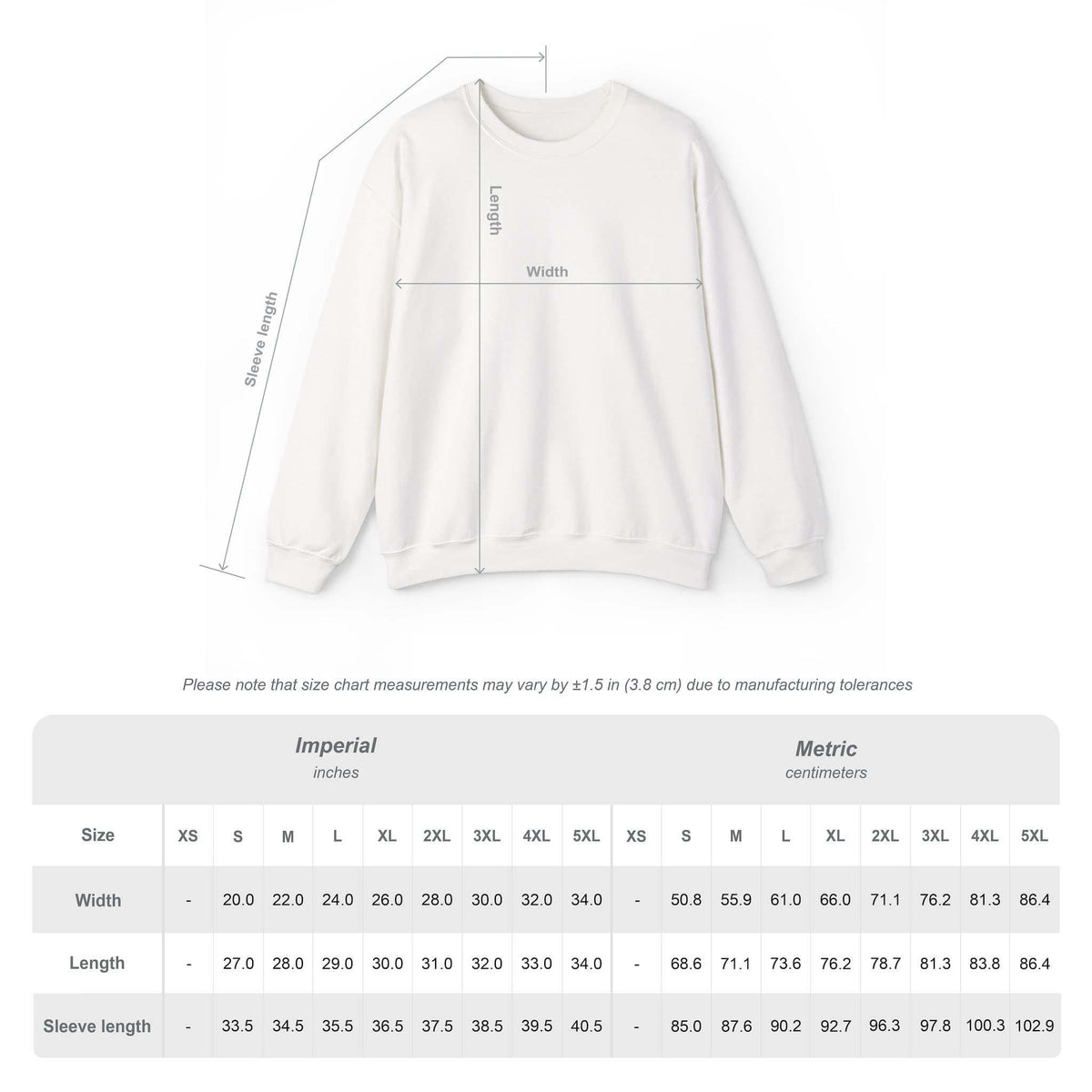 May include: A plain white crewneck sweatshirt displayed with a technical diagram indicating length, width, and sleeve length measurements. Below the garment is a size chart table providing dimensions in both inches and centimeters for sizes XS to 5XL.