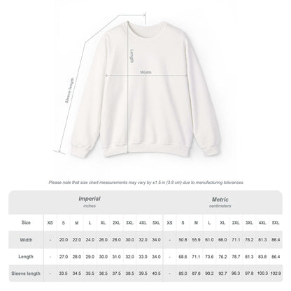 May include: A plain white crewneck sweatshirt displayed with a technical diagram indicating length, width, and sleeve length measurements. Below the garment is a size chart table providing dimensions in both inches and centimeters for sizes XS to 5XL.