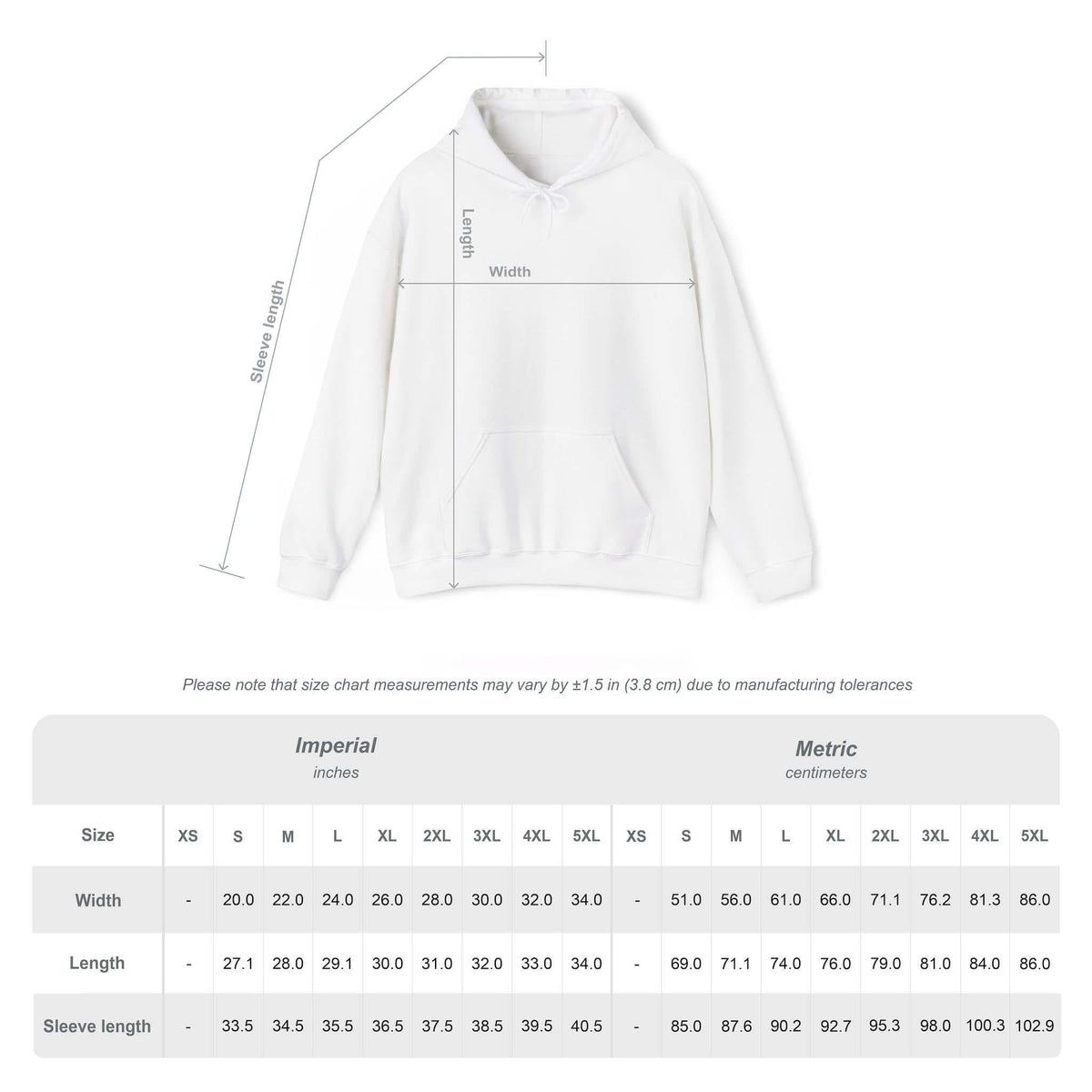 May include: A plain white hooded sweatshirt with long sleeves and a front kangaroo pocket. The image includes a technical diagram showing width, length, and sleeve length, alongside a detailed size chart with measurements in inches.