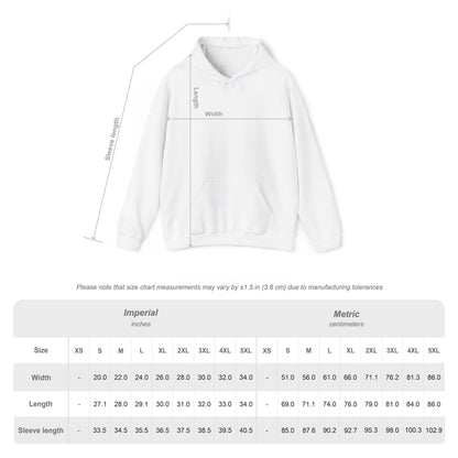 May include: A plain white hooded sweatshirt with long sleeves and a front kangaroo pocket. The image includes a technical diagram showing width, length, and sleeve length, alongside a detailed size chart with measurements in inches.