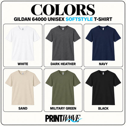 May include: A color chart for the Gildan 64000 Unisex Softstyle t-shirt displaying six short-sleeve shirts in white, dark heather, navy, sand, military green, and black. The text reads COLORS, GILDAN 64000 UNISEX SOFTSTYLE T-SHIRT, and PRINTWAVE.