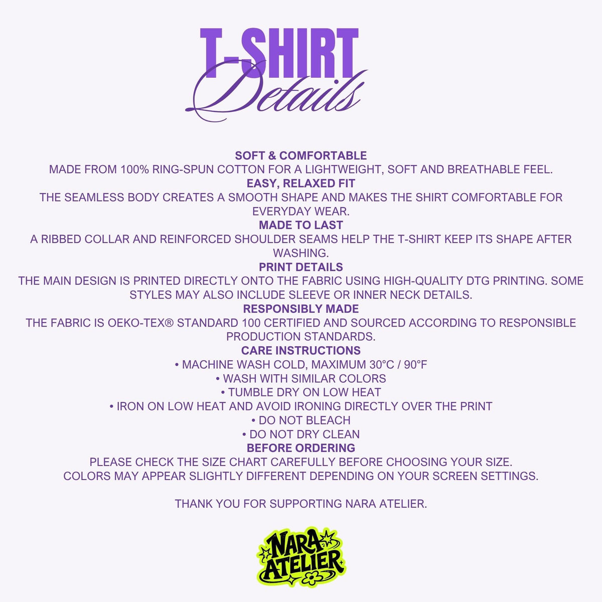 May include: An informational graphic titled T-SHIRT Details with purple text on a light background. It lists product specifications including 100% ring-spun cotton, seamless body, ribbed collar, DTG printing, OEKO-TEX certification, and care instructions.